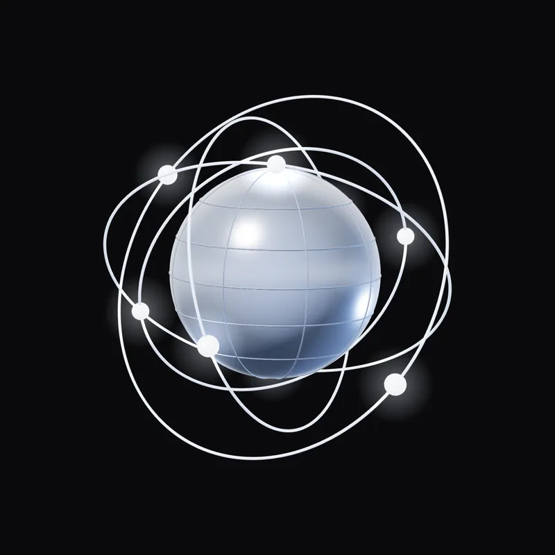 A sphere circled by orbiting paths, the Movva visual.